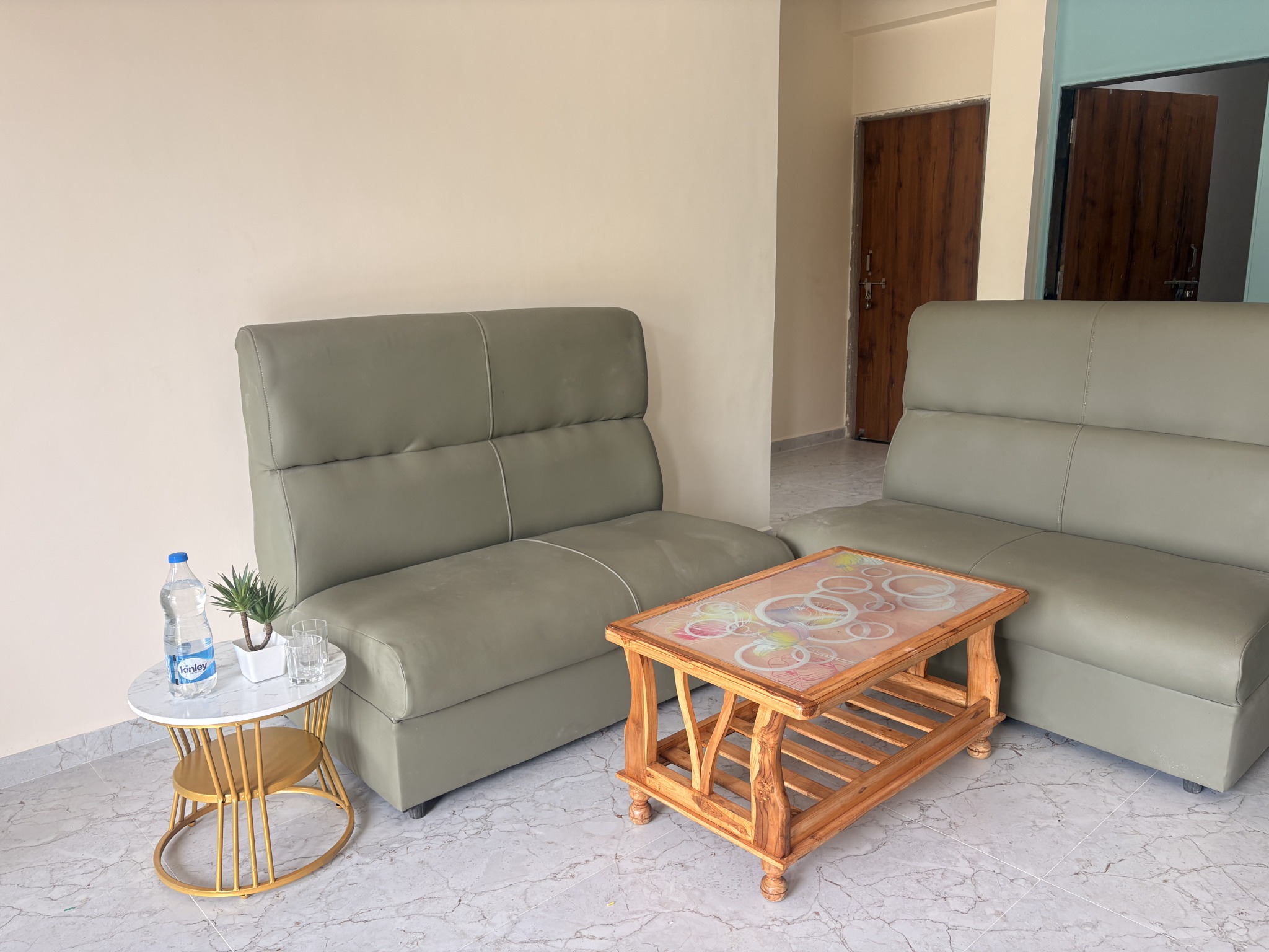 Comfortable lounge seating and a wooden coffee table
